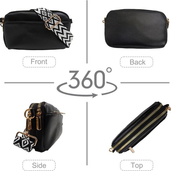 Lightweight Women's Crossbody Bag - Triple Zipper Vegan Leather Handbag, Black - Picture 5 of 6